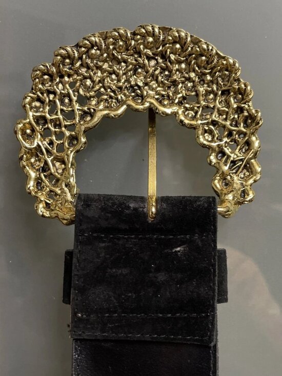 A Brod Vintage 80s Large Black Leather Suede Statement Belt Gold Cluster Buckle